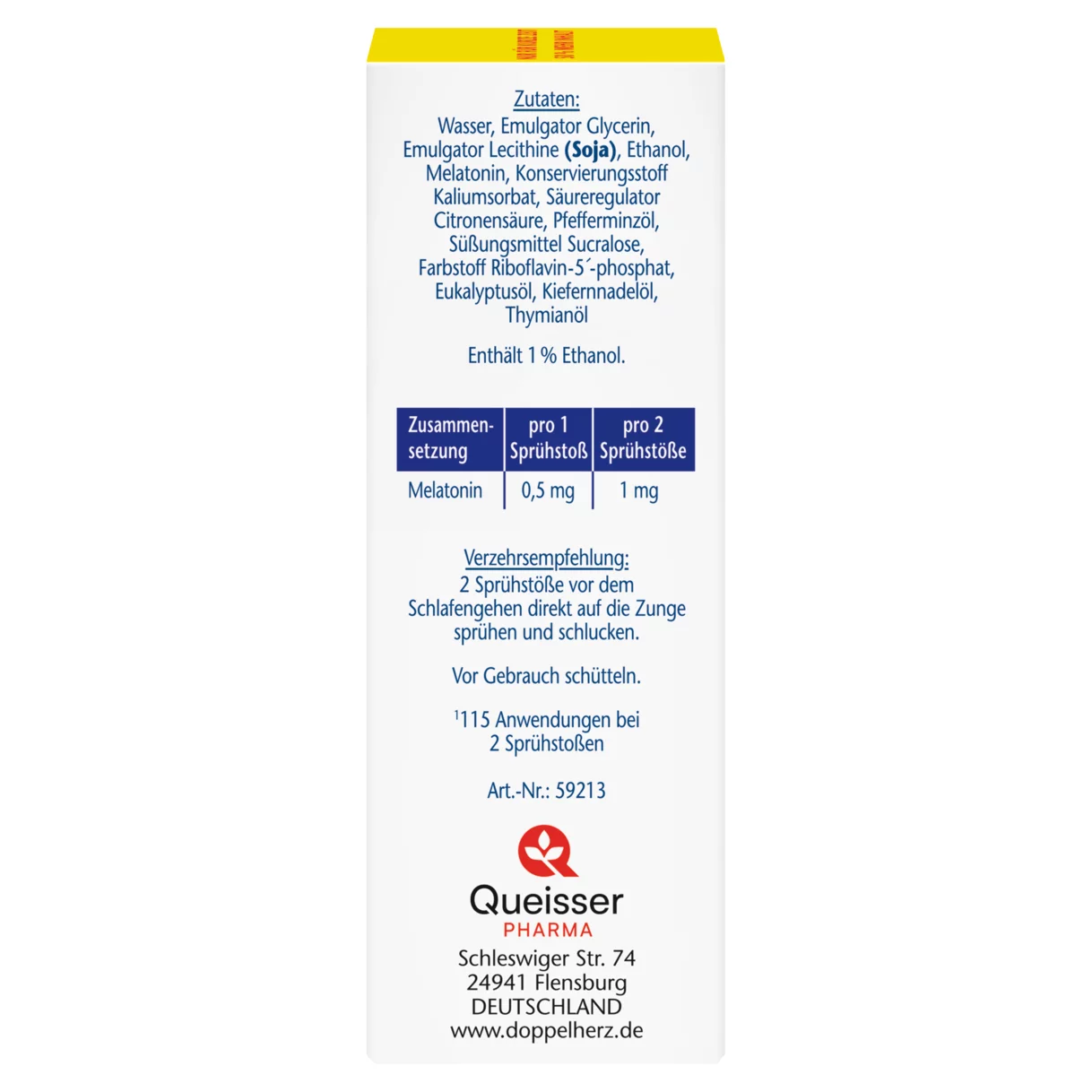 Abbildung der Produktverpackung Doppelherz aktiv Melatonin Spray Seitenansicht links
